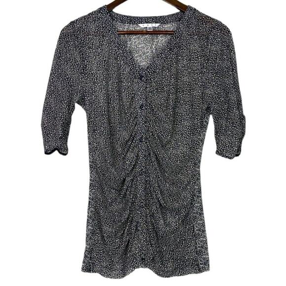 CAbi Leopard Sheer Gathered Placket Ruched Blouse Half Sleeve M Black White - Picture 3 of 15